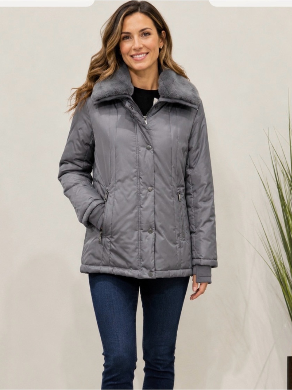 Michael Kors Gray Faux-Fur Collar Puffer Coat